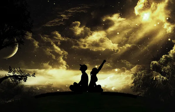 Картинка небо, девушка, звезды, облака, деревья, ночь, луна, кепка