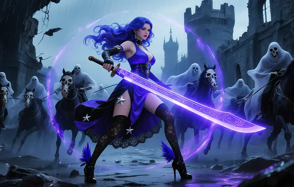 Картинка monsters, warrior, girl, sword, battle, fantasy