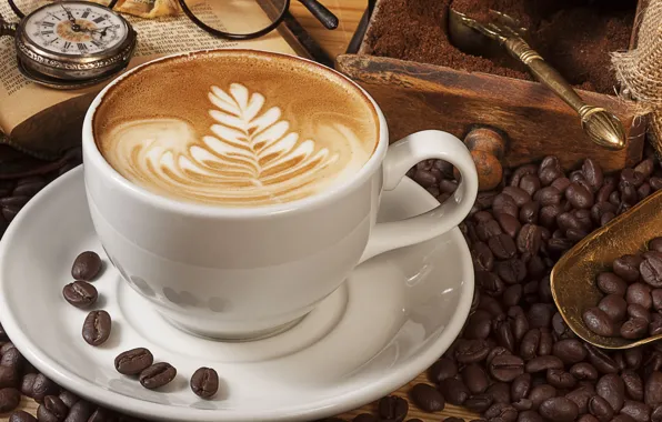 Картинка часы, кофе, зерна, чашка, книга