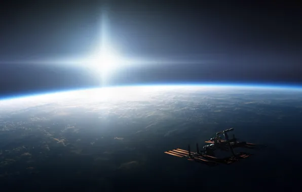 Картинка солнце, свет, планета, мкс, Космос, Земля, яркость, международная космическая станция