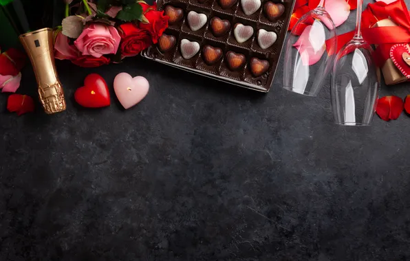 Любовь, цветы, подарок, романтика, розы, бокалы, love, happy