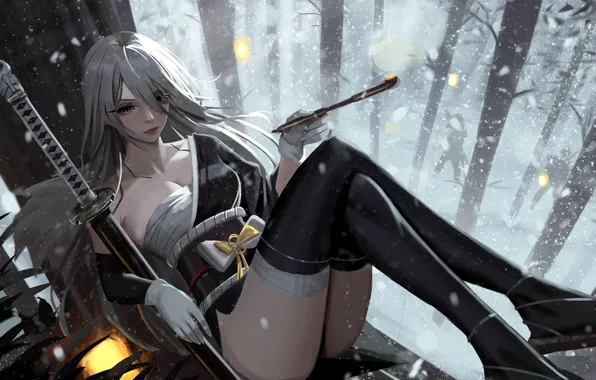 Girl, sword, fantasy, forest, cleavage, trees, stockings, snow