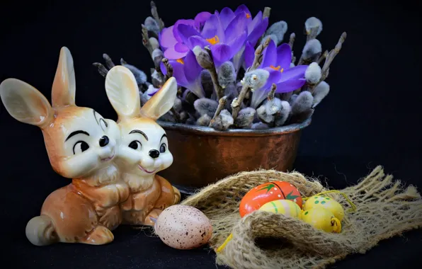 Картинка цветы, ветки, праздник, яйца, Пасха, крокусы, ткань, зайцы