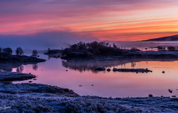 Картинка иней, пейзаж, природа, туман, озеро, утро, Шотландия, Лох Ба
