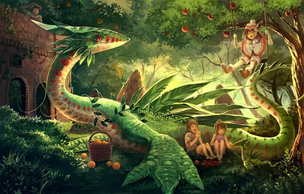 Картинка деревья, радость, природа, дети, дракон, аниме, арт, фрукты