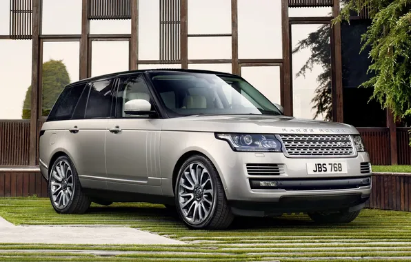 Трава, фон, серебристый, джип, внедорожник, Land Rover, Range Rover, передок