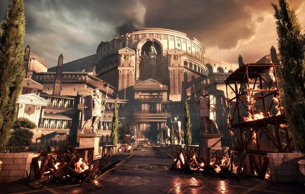 Картинка City, Fire, Rome, Crytek, Microsoft Game Studios, Ryse: Son of Rome, Statues, Barricades