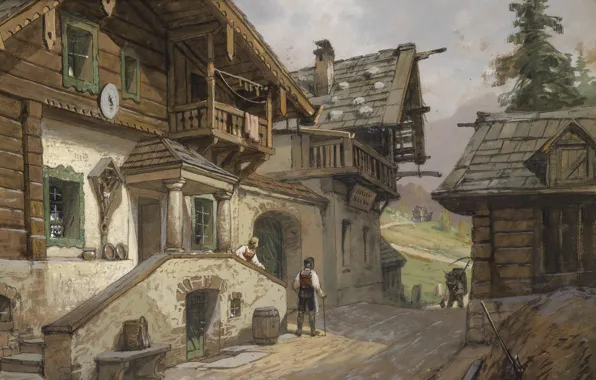1935, Georg Janny, Георг Джанни, австрийский живописец, Деревенская улица в Альпах, Dorfstrabe in den Alpen, …