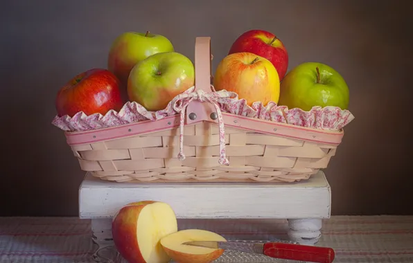 Картинка яблоки, нож, натюрморт, корзинка