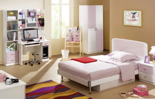 Компьютер, дизайн, комната, мебель, кровать, Design, детская, Interior
