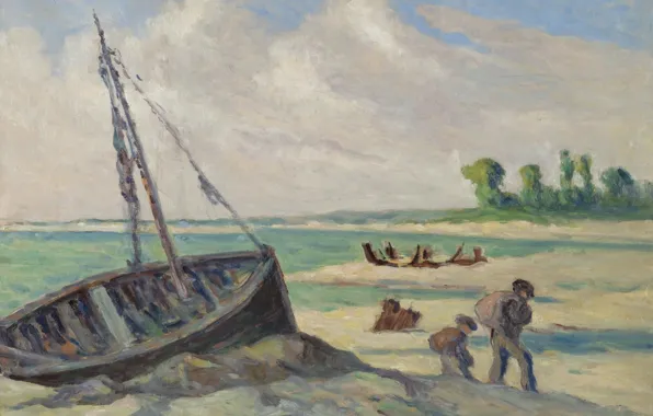 Картина, морской пейзаж, 1929, Максимильен Люс, Maximilien Luce, Окраина Ле Трепора. Барк на Песке