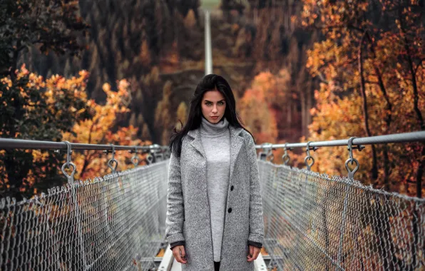 Осень, лес, деревья, мост, парк, портрет, макияж, брюнетка