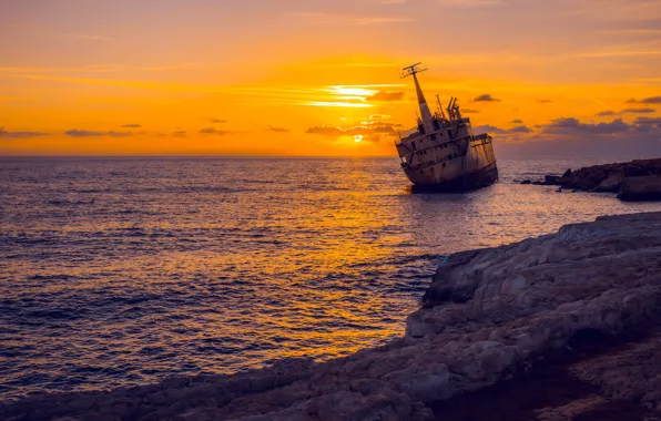 Sea, sunset, Cyprus, shipwreck, Abandoned