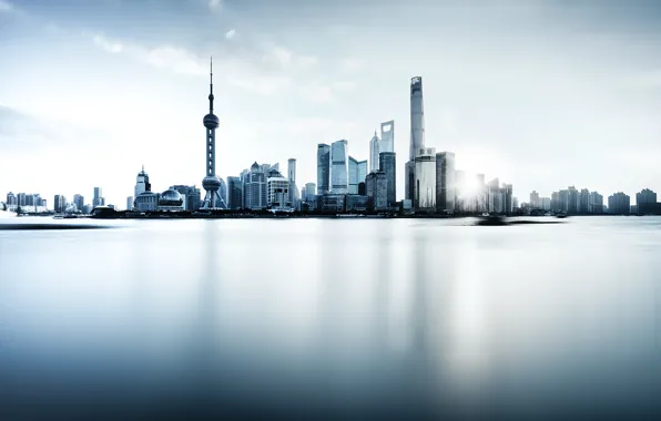 Река, Китай, Шанхай, Oriental Pearl Tower, Shanghai Tower, Shanghai World Financial Center, реки Хуанпу