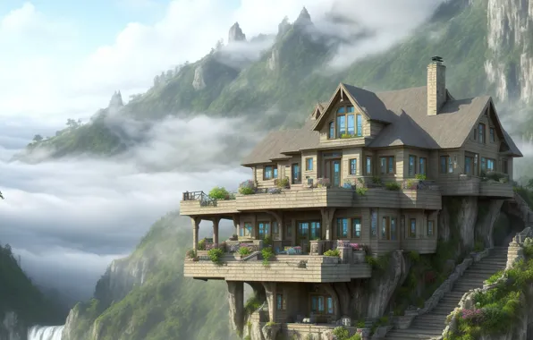 Sky, landscape, art, fog, waterfall, digital art, cottage, cliff