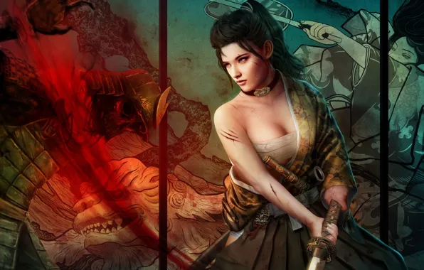Девушка, кровь, меч, катана, арт, ширма, mario wibisono, legend of the five rings