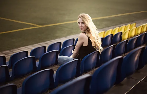 Девушка, лицо, волосы, сиденья, стадион