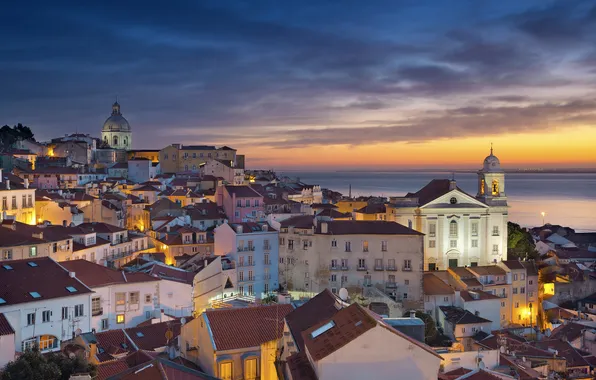 Крыша, море, ночь, огни, дома, склон, панорама, Португалия