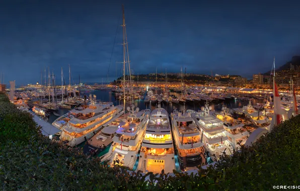 Картинка panorama, night, yacht, monaco, port, monte carlo, hercule, yacht show