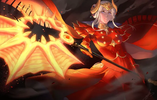 Девушка, оружие, дым, фэнтези, Fire Emblem, Edelgard Von Hresvelg