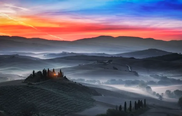 Туман, поля, вечер, утро, Италия, дымка, Тоскана