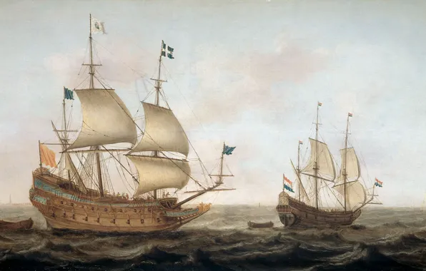 Картинка масло, картина, парус, морской пейзаж, Военный Корабль Направляется в Голландскую Гавань, Jacob Gerritz Loef