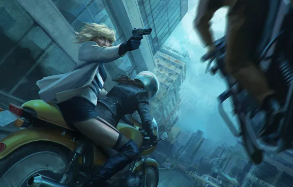 Картинка девушка, пистолет, Charlize Theron, погоня, мотоцикл, шлем, bike, art