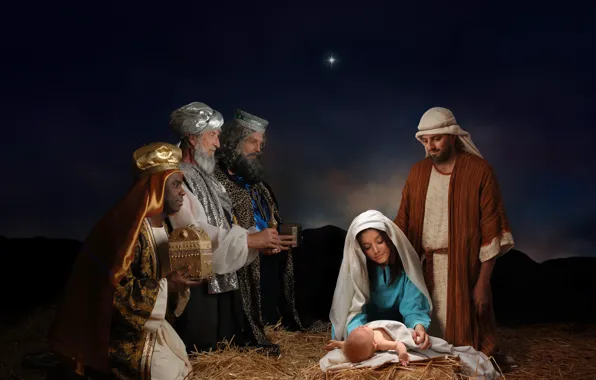 Картинка ночь, звезда, Рождество, дары волхвов, рождение Христа