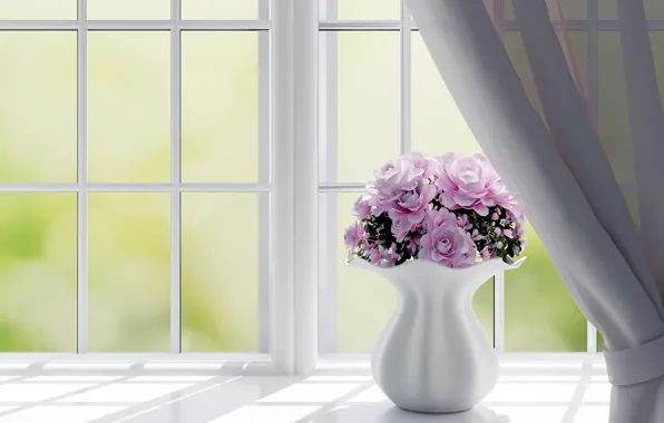 Картинка цветы, рендеринг, окно, ваза