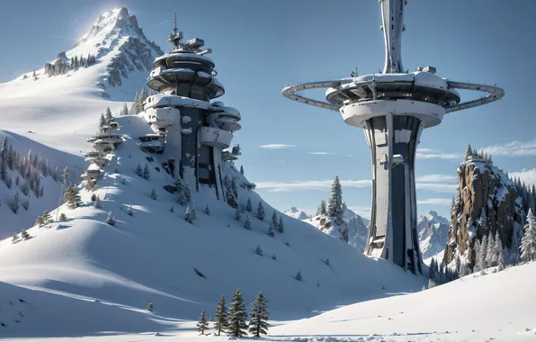 Tower, landscape, art, winter, snow, fantastic, digital art, mount