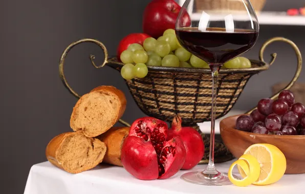 Отражение, стол, вино, красное, лимон, бокал, тарелка, хлеб
