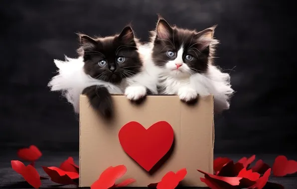 Кошка, взгляд, кошки, поза, темный фон, котенок, коробка, красное
