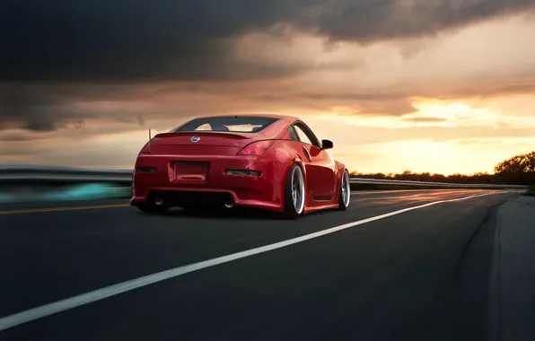 Скорость, red, Nissan, road, 350Z, rear