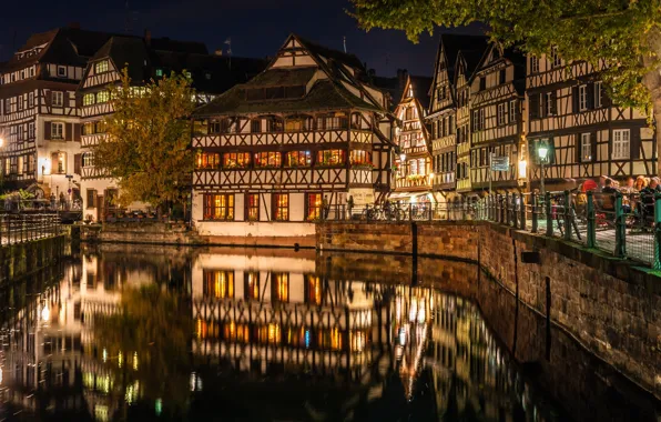 Отражение, Франция, здания, дома, канал, ночной город, набережная, Страсбург