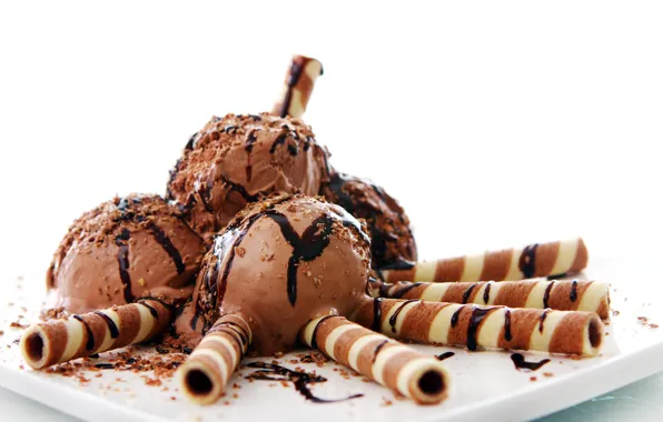 Шарики, десерт, сладкие палочки, шоколадное мороженое