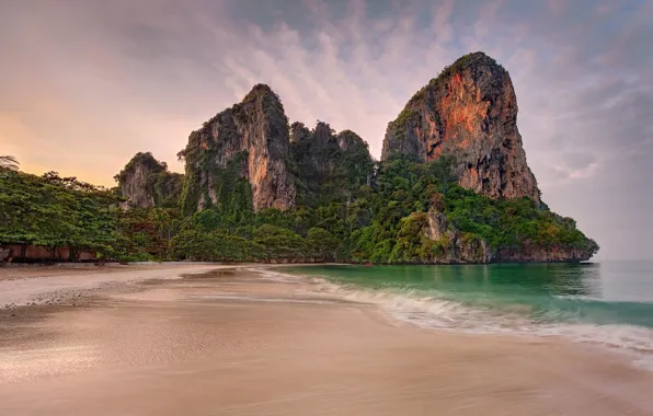 Картинка Thailand, beach, trees, rocks, sand, tide, Andaman sea