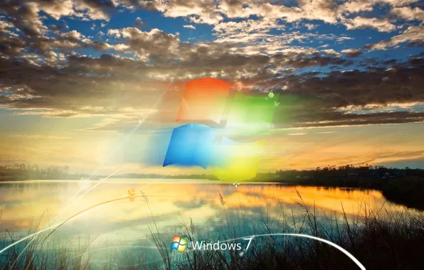 Облака, озеро, логотип, seven, Windows 7