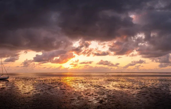 German, Nature, Clouds, Water, Sand, Ocean, Boat, Sun Goes Down