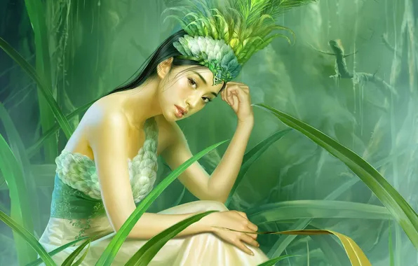 Картинка трава, девушка, перья, платье, арт, азиатка, Tang Yuehui