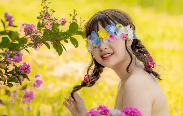 Лето, девушка, цветы, природа, лицо, поза, сад, маска