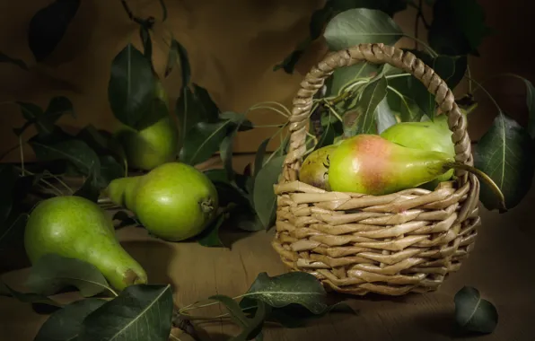 Листья, стол, зеленые, натюрморт, корзинка, груши