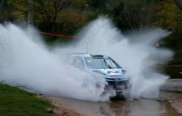 Картинка трава, деревья, брызги, rally, ралли, wrc, hyundai, брод