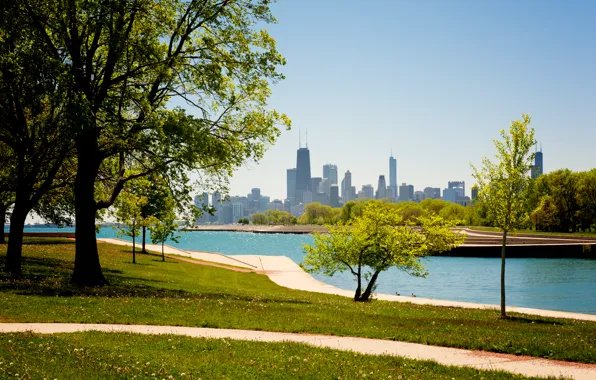 Картинка небо, парк, здания, небоскребы, USA, америка, чикаго, Chicago