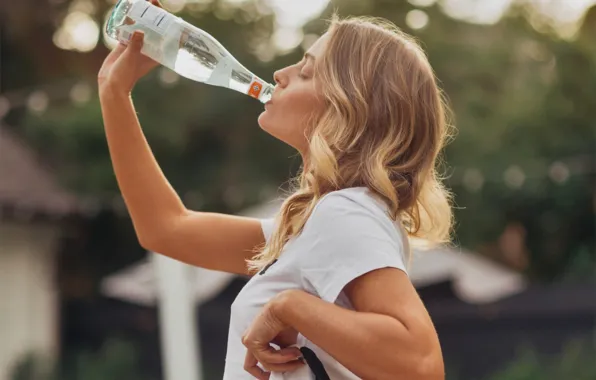 Glass, woman, young, water, model, blur, blonde, drink
