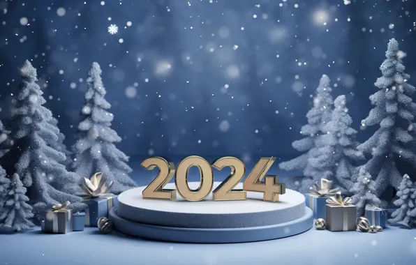 Зима, снег, елки, Новый Год, Рождество, цифры, golden, new year