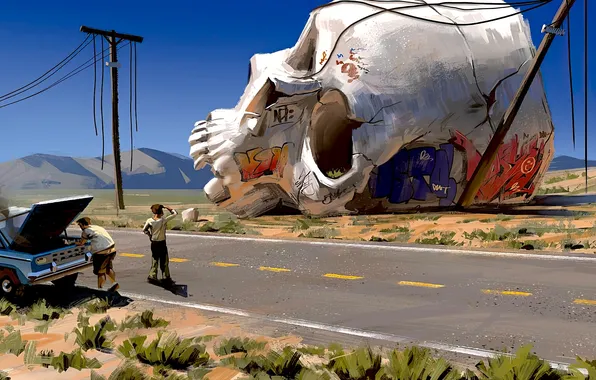 Car, skull, fantasy, graffiti, road, men, digital art, artwork