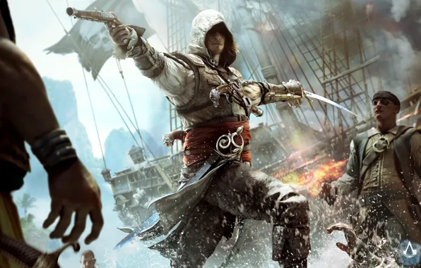 Пистолет, корабль, меч, флаг, пират, ассасин, Эдвард Кенуэй, Assassin's Creed IV: Black Flag