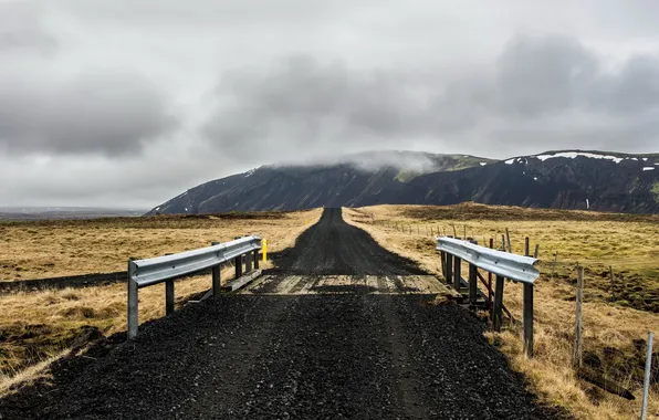Картинка дорога, пейзаж, горы, мост, Iceland, Eyjafjardarsysla