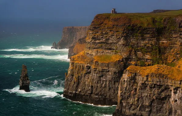 Море, скалы, башня, Ирландия, графство Клэр