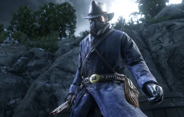 Картинка горы, шляпа, маска, нож, перчатки, револьвер, Rockstar, Бандит